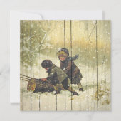 レトロ |雪の中遊のヴィンテージ冬の子供たち シーズンカード (正面)