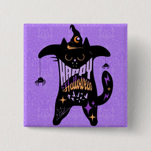 レトロ 黒猫 楽しいハロウィン   缶バッジ (正面)