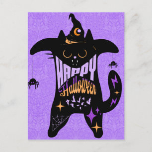 レトロ 黒猫 魔女 楽しい ハロウィン ポストカード