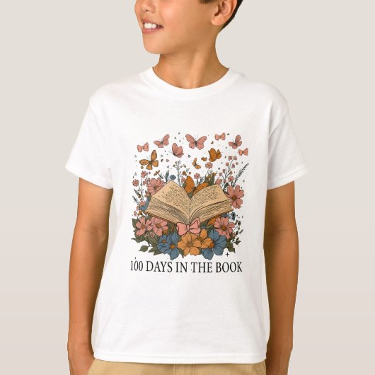 レトロ 100日目の学校 花 ちょうちょ テーマ Tシャツ (正面)