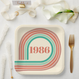 レトロ 1986 40歳の誕生日 コーラル ボホ ストライプ ペーパープレート