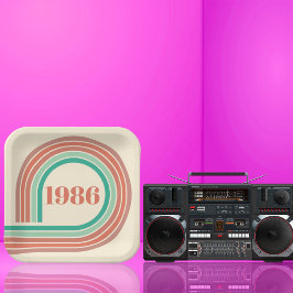 レトロ 1986 40歳の誕生日 コーラル ボホ ストライプ ペーパープレート
