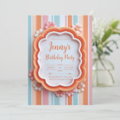 レトロ 3D グミ フラワー ストライプ フレーム 誕生日 招待状 (スタンド正面)