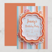 レトロ 3D グミ フラワー ストライプ フレーム 誕生日 招待状 (正面/裏面)