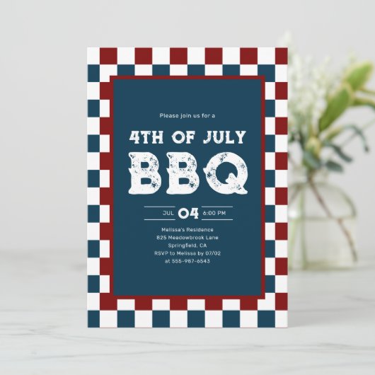 レトロ 4th of July BBQ パーティ チェック柄 招待状 (スタンド正面)