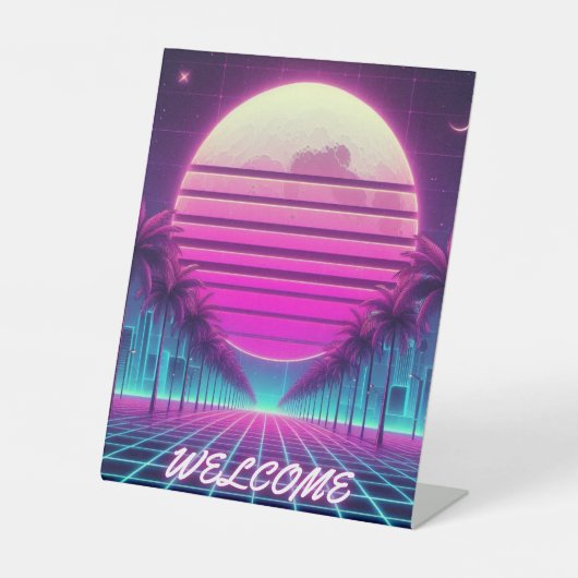 レトロ、80年代のネオン月/手のひら 台座サイン (正面)