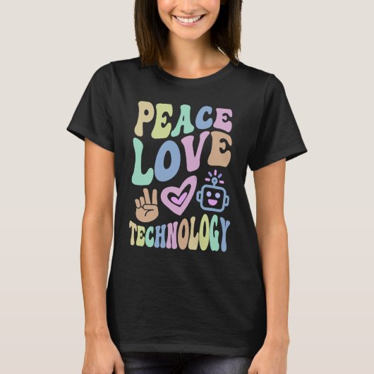 レトロ PEACE LOVE TECHNOLOGY コンピュータの先生 グルーヴ Tシャツ (正面)