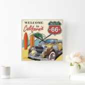 レトロ「Welcome to California」ルート66ポスター、 スクエア壁時計 (ホーム)