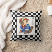 レトロB&Wチェッカーボード付/ヒップスターピュグ&ネーム クッション (ブランケット)