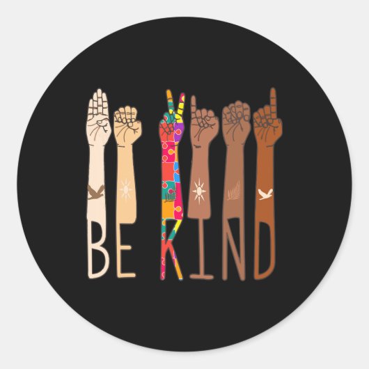 レトロBe親切な手手指言語ASLパズル自閉症 ラウンドシール (正面)