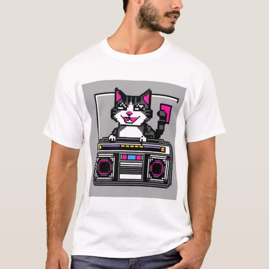 レトロBoombox Cat - Pixel DJ Vibes Tシャツ (正面)