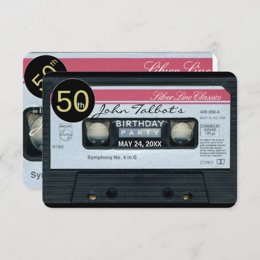 レトロCオーディオテープ50歳誕生パーティーの招待 招待状 (正面/裏面)