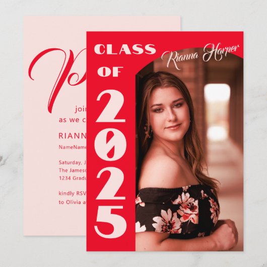 レトロChic Script Class Of 2025 Photo Gradパーティー 招待状 (正面/裏面)
