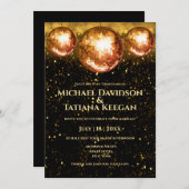 レトロdiscoボール黒金ゴールド結婚グリッター 招待状 (正面/裏面)