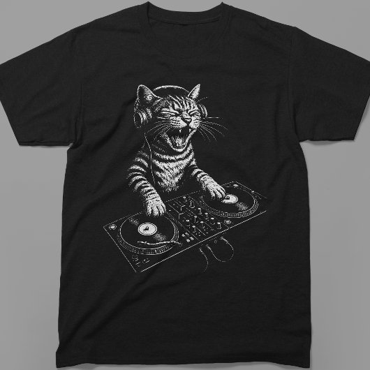 レトロDJ猫のレコード盤引っかき傷 Tシャツ