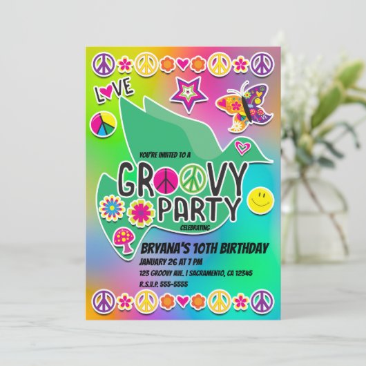 レトロGroovyおもしろい60の60の愛の誕生日パーティー 招待状 (スタンド正面)