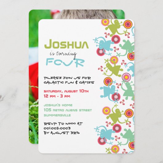レトロGroovyエイリアンキッズフォト誕生日招待状 招待状 (正面/裏面)