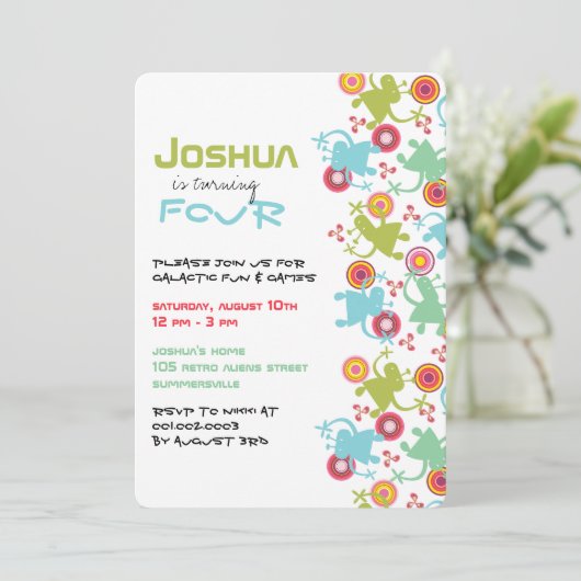 レトロGroovyエイリアンキッズフォト誕生日招待状 招待状 (スタンド正面)