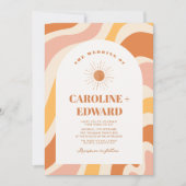 レトロGroovyオレンジウェーブボー結婚ホのQrコード 招待状 (正面)