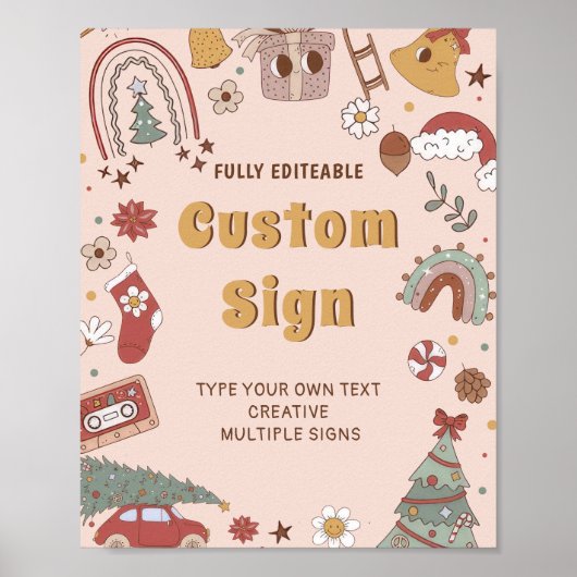 レトロGroovyクリスマスバースデーパーティーテーブルの署名 ポスター (正面)