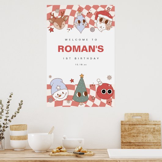 レトロGroovyクリスマス誕生日ウェルカムサイン ポスター (キッチン)