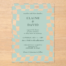 レトロGroovyグリーンチェッカーボ結婚ード アクリル招待状