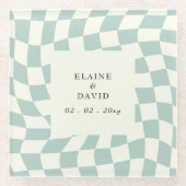 レトロGroovyグリーンチェッカーボ結婚ード ガラスコースター (正面)