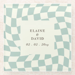 レトロGroovyグリーンチェッカーボ結婚ード ガラスコースター