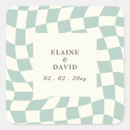 レトロGroovyグリーンチェッカーボ結婚ード スクエアシール