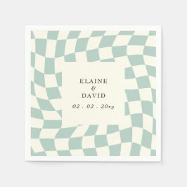レトロGroovyグリーンチェッカーボ結婚ード スタンダードカクテルナプキン