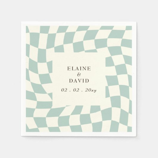 レトロGroovyグリーンチェッカーボ結婚ード スタンダードカクテルナプキン (正面)