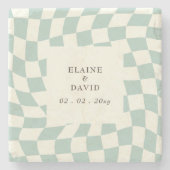 レトロGroovyグリーンチェッカーボ結婚ード ストーンコースター (正面)