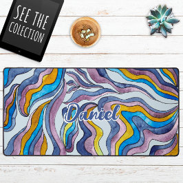 レトロGroovyグリーンブルーパープルウェーブスクリプト名 デスクマット