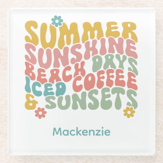 レトロGroovyサマーピンクモノグラム名 ガラスコースター (正面)