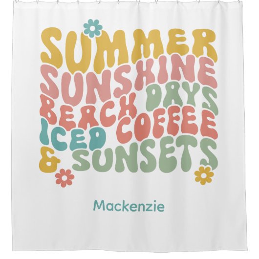 レトロGroovyサマーピンクモノグラム名 シャワーカーテン (正面)
