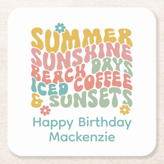 レトロGroovyサマーピンクモノグラム名 スクエアペーパーコースター (正面)