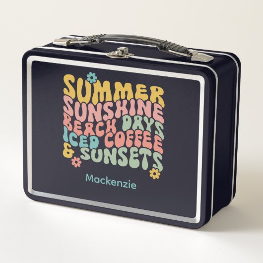 レトロGroovyサマーピンクモノグラム名 メタルランチボックス (正面)