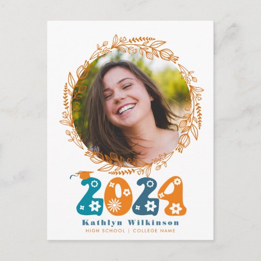 レトロGroovyスクリプトテラコッタフローラ卒業 案内ポストカード (正面)