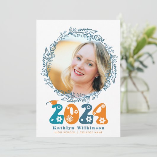 レトロGroovyスクリプトフローラリース写真卒業 案内状 (スタンド正面)