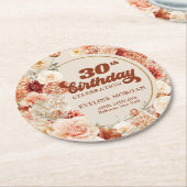 レトロgroovyスクリプトterracotta花30誕生日 ラウンドペーパーコースター (アングル)