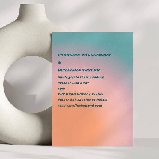 レトロGroovyティール(緑がかった色)ピンクオレンジ結婚グラデーション 招待状