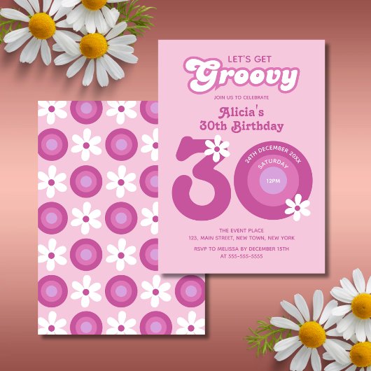 レトロGroovyデイジーはっきりしたピンク30歳の誕生日 招待状