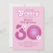 レトロGroovyデイジーはっきりしたピンク30歳の誕生日 招待状 (正面)
