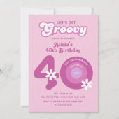 レトロGroovyデイジーはっきりしたピンク40歳の誕生日 招待状 (正面)