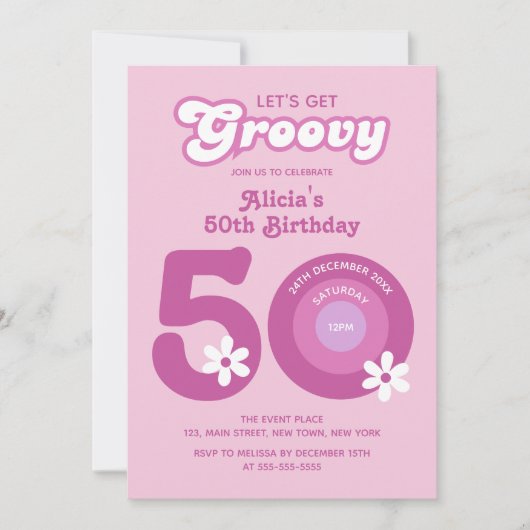 レトロGroovyデイジーはっきりしたピンク50誕生日 招待状 (正面)