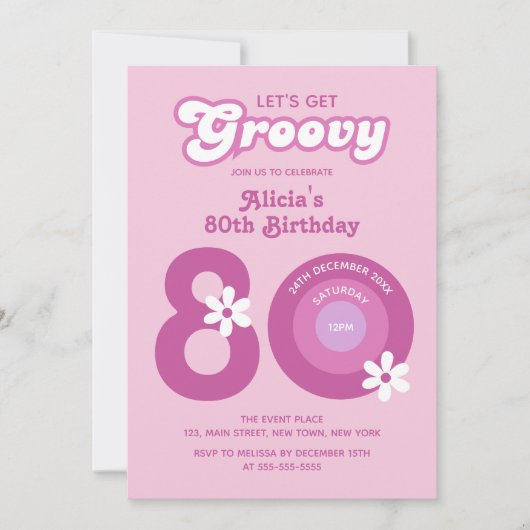 レトロGroovyデイジーはっきりしたピンク80誕生日 招待状 (正面)