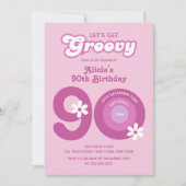 レトロGroovyデイジーはっきりしたピンク90誕生日 招待状 (正面)