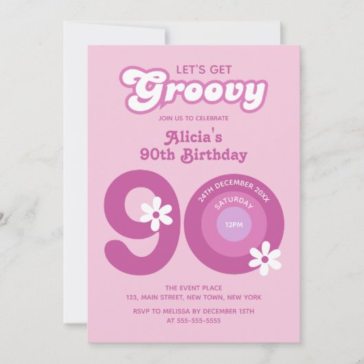 レトロGroovyデイジーはっきりしたピンク90誕生日 招待状 (正面)