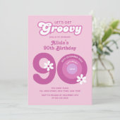 レトロGroovyデイジーはっきりしたピンク90誕生日 招待状 (スタンド正面)