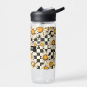 レトロGroovyデイジーチェッカーボパーソナライズされたード名 ウォーターボトル (左面)